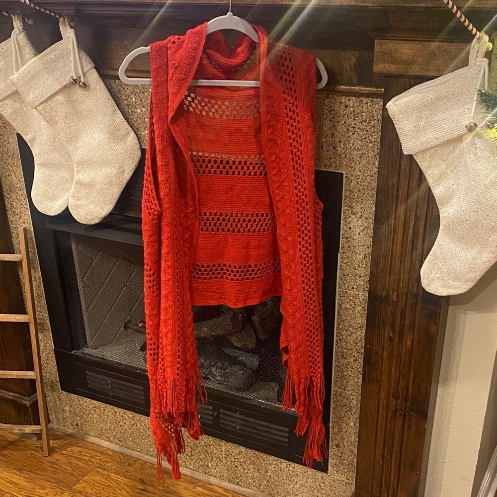 Red Knit Fringe Vest and Top Set